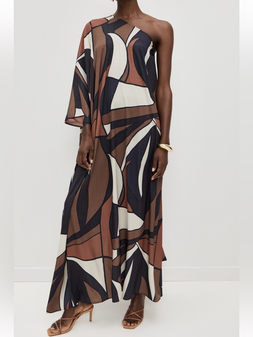 Diarrablu One-Shoulder Abstract Maxi Dress in Brown, Cream & Black